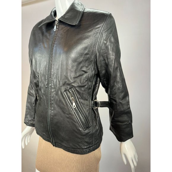 Laura Leigh Vintage Leather Biker Jacket Size Large Black Zip Front and Pockets - Picture 2 of 16
